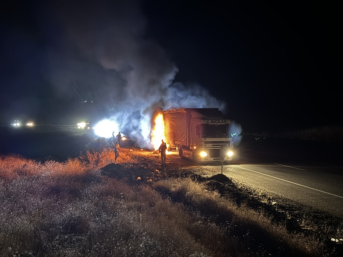 Bingöl'ün Genç ilçesinde seyir halindeki tırda çıkan yangın, itfaiye ekiplerince...