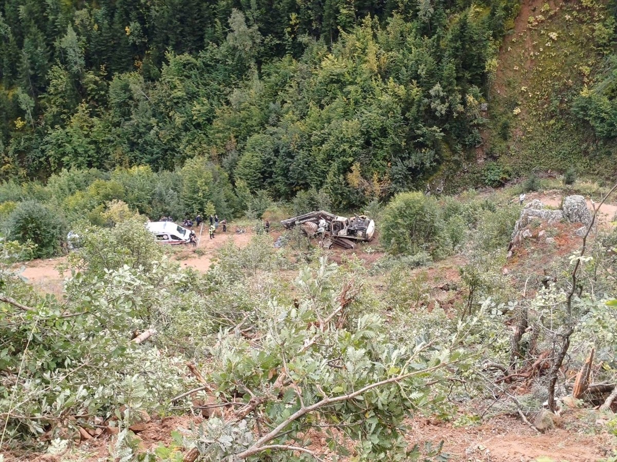 Artvin'in Yusufeli ilçesinde iş makinesi taşıyan kamyonun uçuruma devrilmesi sonucu araçtaki 2...