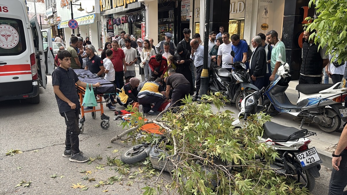 Adıyaman'da seyir halindeyken üzerine rüzgarın kırdığı ağaç dalı düşen elektrikli motosikletteki...