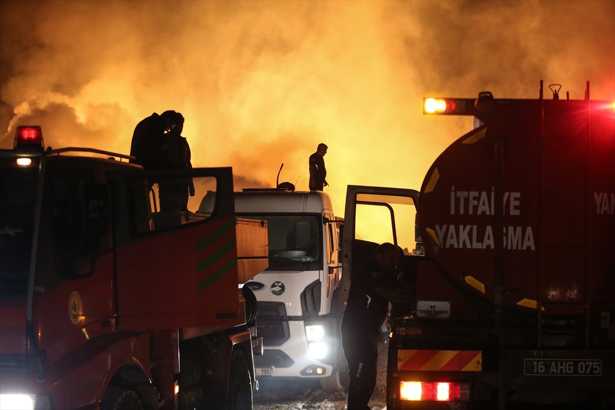 Bursa'nın Karacabey ilçesinde bir palet fabrikasında çıkan yangına müdahale ediliyor.