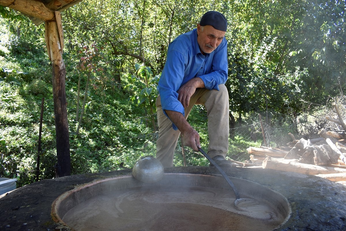 Bitlis'in Hizan ilçesinde köylüler, asırlardır geleneksel yöntemlerle üzüm pekmezi yapmayı...